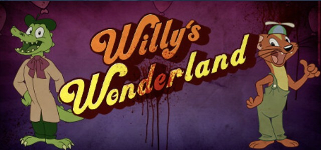 Willy's wonderland logo with blood splatter in the middle and two animatronics on either side.